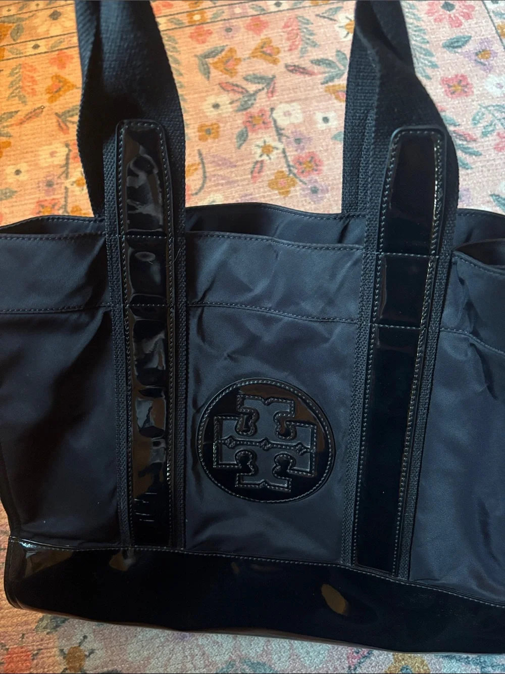 Tory Burch Black Tote with Patent Trim and Logo Medallion